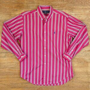 Vintage Mens Ralph Lauren Shirt Size Large 90s Striped Cotton Button Down Pink
